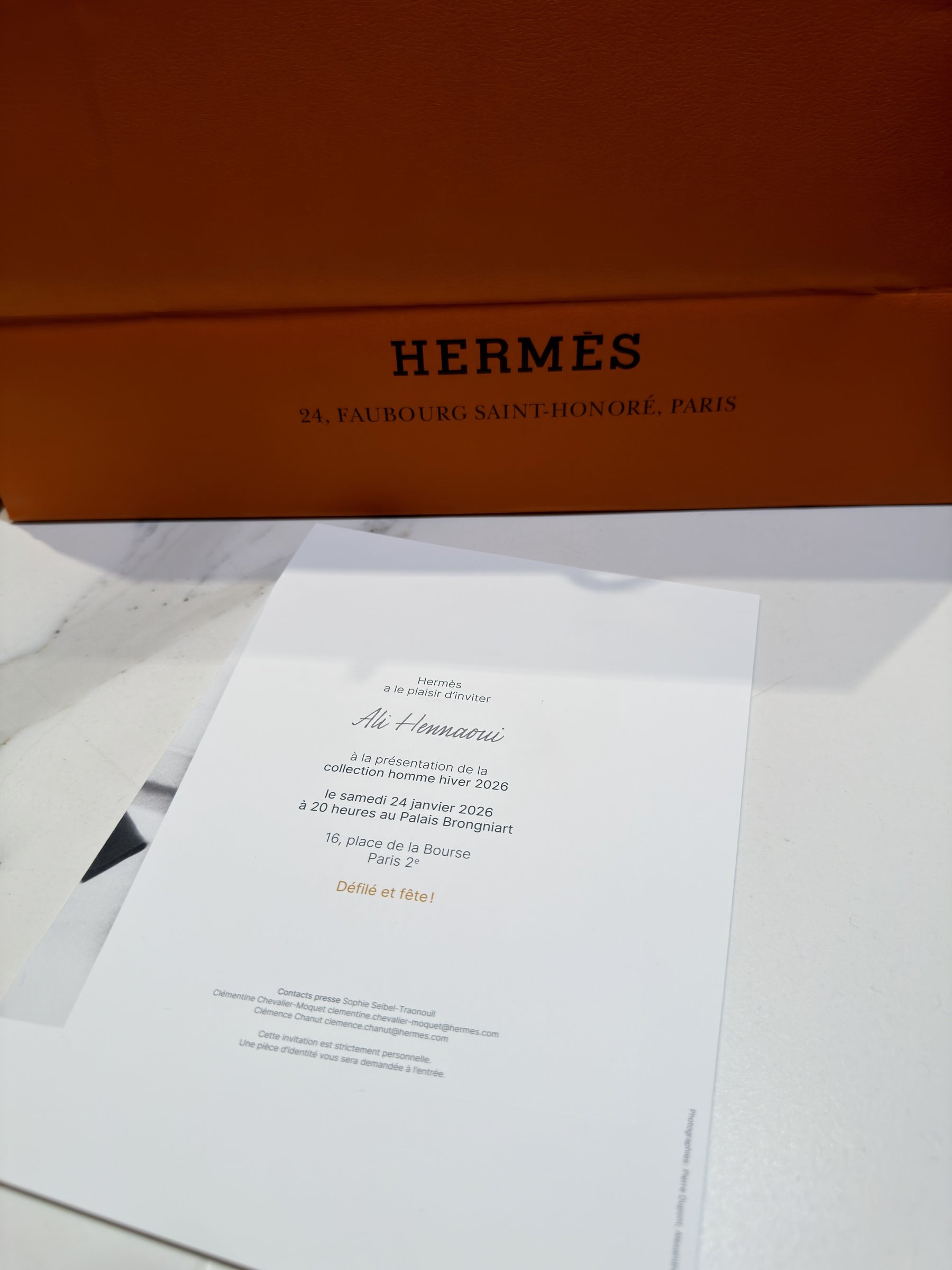 Hermès invitation to the collection homme hiver 2026 presentation, addressed to Ali Hennaoui