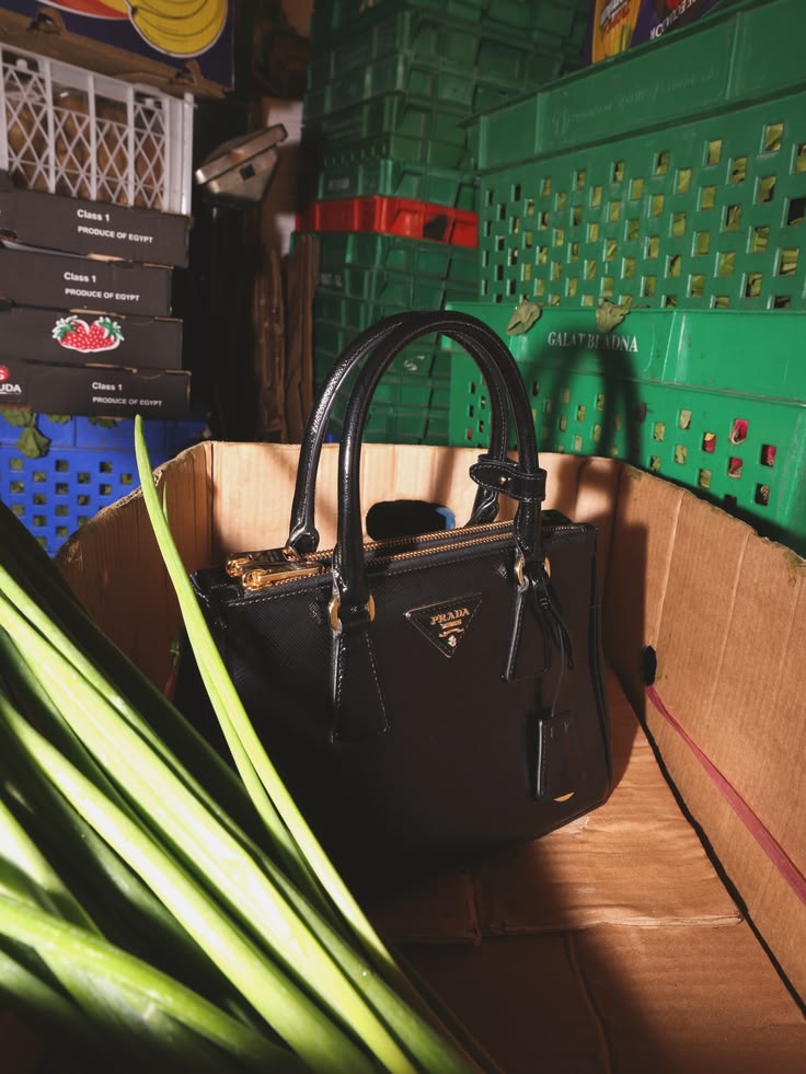 Prada Galleria bag in black saffiano leather with gold
    hardware, placed inside a cardboard produce box at Ras Al Khor
    market Dubai — Prada Spring-Summer 2026 campaign still life
    by Ali & Walaa (@aliandwalaa)